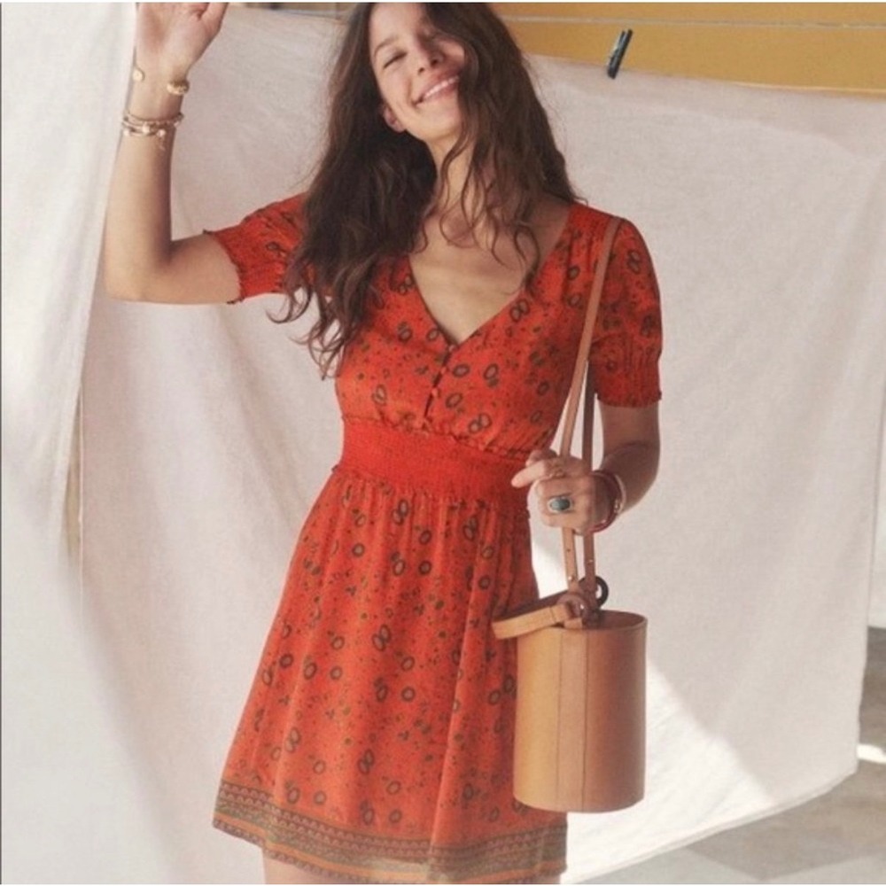 Sezane Sixtine Silk Floral V-Neck Smocked Waist Mini Dress Red Orange Size 36